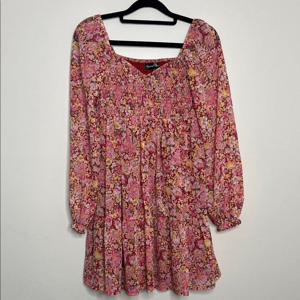 Pink Floral Long Sleeve Dress scrunch ruched fabric pleated skirt